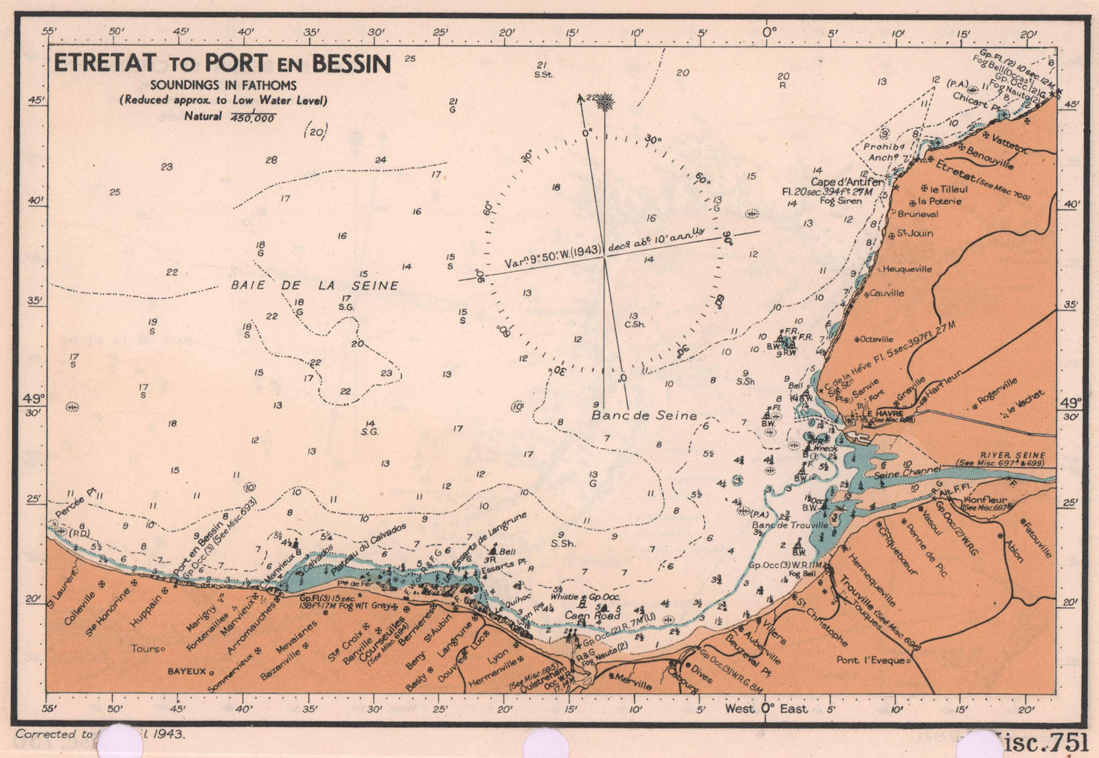 Étretat to Port-en-Bessin sea coast chart. D-Day planning map. ADMIRALTY 1943